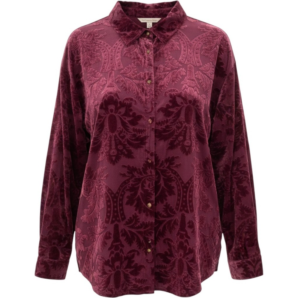 Soft Surroundings Floreat Velvet Shirt Purple Wine Burnout Floral XL NEW